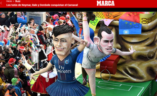 Les mannequins géants de Neymar, Bale et Dembélé au carnaval de Madrid.