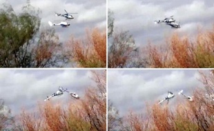 Montage de quatre vues de la collision entre deux hélicoptères survenue le 9 mars 2015 à La Rioja en Argentine