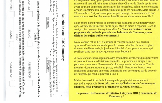 Le tract des «gilets jaunes» et le bulletin de vote pour le RIC.