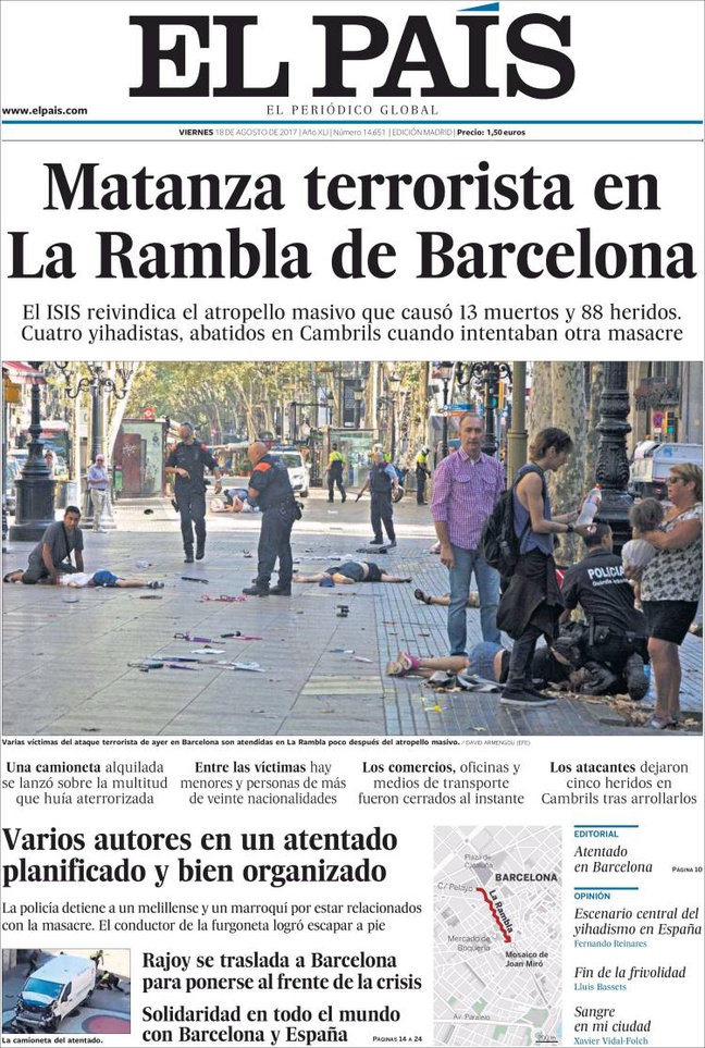 Attentats en Catalogne L'«horreur» et la «douleur» en Une de la presse