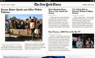 L'application du New York Times offre une mise en page proche du journal papier, avec une sélection d'articles gratuits. Le Times passera cependant au partiellement payant cet été