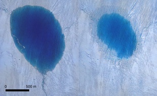 Deux photos aériennes avant/après prises par le drone des glaciologues du Scott Polar Research Institute, au glacier Store, dans l'ouest du Groenland, en juillet 2018.