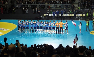L'équipe de France de hand le 9 janvier 2015 au hall XXL du parc des expos a Nantes.