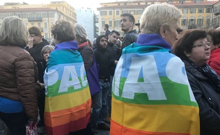 Des militants ont sorti le même drapeau que Geneviève Legay portait lorsqu'elle a chuté.