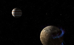 Jupiter et Ganymède, la plus grosse des lunes qui gravitent autour de Jupiter.