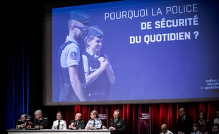 Lancement de la police de sécurité du quotidien par Gerard Collomb, Ministre de l'Interieur, le jeudi 8 fevrier 2018, a l'Ecole Militaire, Paris,
