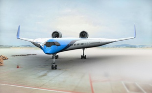 L'avion futuriste «Flying-V», développé par KLM et des chercheurs aux Pays-Bas.