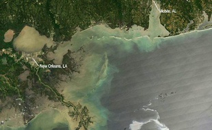 Vue satellite de la nappe de pétrole qui menace les côtes de la Louisiane, le 28 avril 2010
