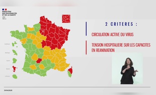Carte de synthèse sur la situation du coronavirus en France au 30 avril (circulation du virus et charge des services de réanimation).