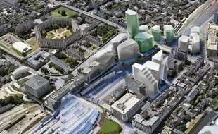 Le projet immobilier du groupe Samsic à la gare de Rennes comprend cinq bâtiments (ici en vert).