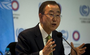 Le secrétaire général de l'ONU, Ban Ki-moon fait une déclaration lors de la conférence internationale sur le Climat, le 9 décembre 2014 à Lima, au Pérou