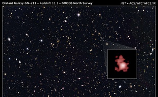 La galaxie GN-Z11 (en rouge) est à plus de 13 milliards d'années-lumières de notre bonne vieille Terre.