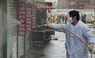 Désinfection de boutiques vendant des poulets dans un marché de Yanjiao, dans la province de Hebei, le 7 janvier 2009 en Chine. Le pays craint une recrudescence de la grippe aviaire.