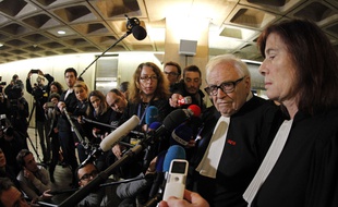 Interview d'Henri Leclerc et de Frédérique Baulieu, deux des avocats de Dominique Strauss-Kahn, à l'issue des plaidoiries, mercredi 18 février 2015 .(AP Photo/Michel Spingler)/SPIN105/190265147683/1502181255