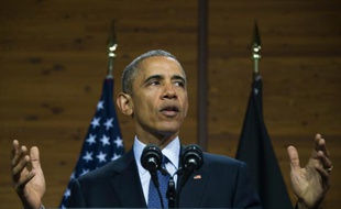 Le président américain Barack Obama prononce un discours à Hanovre en Allemagne, le 25 avril 2016