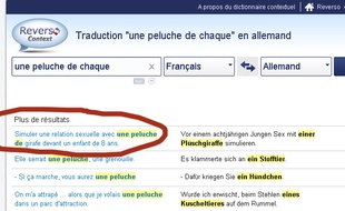 Capture d'écran site Reverso http://context.reverso.net/traduction/francais-allemand/une+peluche+de+chaque".