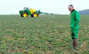 Dominique Marchal, agriculteur dont le cancer a été reconnu maladie professionnelle provoquée par les pesticides, dans son champ, le 18 février 2016 à Serres (Meurthe-et-Moselle)