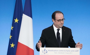 François Hollande lors de son discours à l'Elysée contre la haine anti-LGBT, le 17 mars 2017.