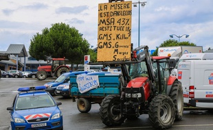 Manifestation d'agriculteurs sur le parking d'un supermarché à Combourg le 24 juillet 2015.
