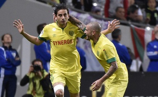 La joie nantaise après l'égalisation d'Alejandro Bedoya (à gauche), lors du match de Ligue 1 entre Toulouse et Nantes, le 25 avril 2015.