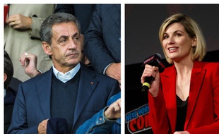 Collage SIPA/Fotor/20 Minutes de l'ancien président Nicolas Sarkozy et de l'actrice britannique Jodie Whittaker