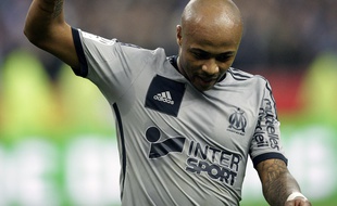 Marseille's forward Andre Ayew celebrates after scoring the 3rd goal during the French L1 football match RC Lens vs Olympique Marseille (OM) at the Stade de France in Saint-Denis, FRANCE - 22/03/2015.
Marseille won the game 4-0./JEE_lensom.29/Credit:J.E.E./SIPA/1503231954