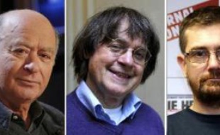 Montage de photos avec (depuis la gauche) Bernard Maris,Georges Wolinski, Jean Cabut, Charb et Tignous