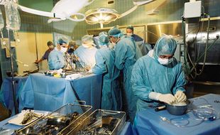 Une équipe médicale en train de réaliser une greffe de rein à l'Hôpital Cochin à Paris.