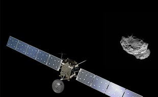 La sonde Rosetta (vue d'artiste) devant le noyau de la comète 67P, photographié le 4 août 2014.