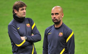 Le nouvel entraîneur de Barcelone Tito Vilanova et Pep Guardiola, le 27 mars 2012 à Milan.