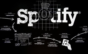 Une chronologie des succès de Spotify est dessinée sur un mur à l'entrée du siège de la compagnie suédoise à Stockholm, photographié le 16 février 2015