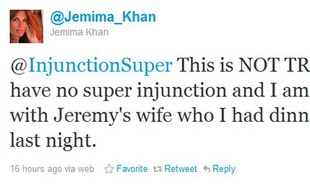 Capture d'écran du compte Twitter de Jemima Khan, qui dément avoir eu recours à une super injonction pour couvrir une relation extra-conjugale.