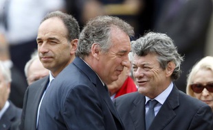 Jean-François Copé, président de l'UMP, François Bayrou, président du Modem, et Jean-Louis Borloo, président de l'UDI, le 7 juin 2013 à Paris.