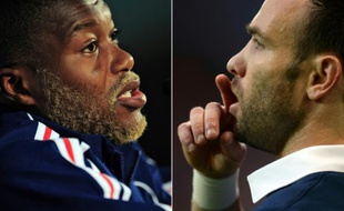 Montage photos, le 13 octobre 2015, des footballeurs Djibril Cissé (g) et de Mathieu Valbuena