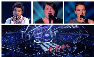Amir, Mathilde et Anne Sila, ex-candidats de «The Voice» et le plateau de la cinquième saison du télécrochet.