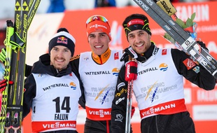 Jason Lamy Chappuis (à droite) a décroché le bronze lors du combiné des Mondiaux de ski nordique, le 20 février 2015 à Falun (Suède).