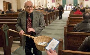 Illustration: un homme fait la quête à l'église.
