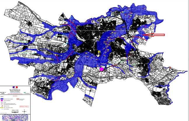 La carte des phénomènes naturels du Plan de prévention des risques d'inondation de la ville de Carcassonne.