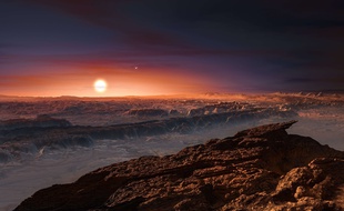 Vue d'artiste de la surface de l'exoplanète Proxima B
