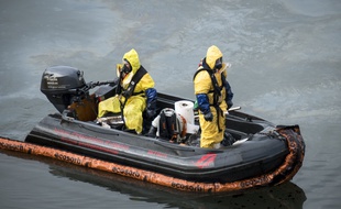 Une équipe de dépollution dans un bassin du port de Rouen, le 7 octobre 2019.