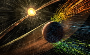 Vue d'artiste de l'interaction des vents solaires avec l'atmosphère de la planète Mars.