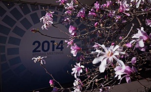Le logo des réunions annuelles de printemps du Fonds monétaire internaitonal et de la Banque mondiale le 5 avril 2014 à Washington