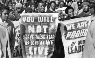 A Pretoria, en Afrique du Sud, le 16 juin 1964, une manifestation de soutien aux membres de l'ANC, dont Nelson Mandela, condamnés à la prison à vie lors des procès de Rivonia.
