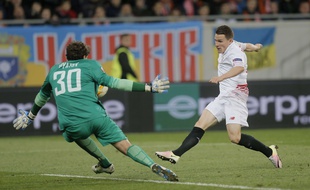 Kevin Gameiro a marqué lors du match nul 2-2 entre le Shakhtar et le FC Séville en demi-finale aller de la Ligue Europa, le 28 avril 2016.