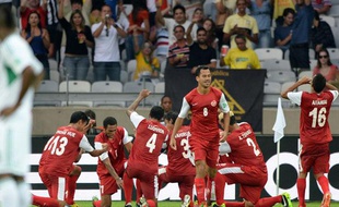 La sélection tahitienne fête son but contre le Nigéria le 17 juin 2013 en Coupe des confédérations.