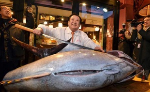 Le propriétaire de la chaîne de restaurants Sushi Zanmai, Kiyoshi Kimura, présente le 5 janvier 2015 le thon qu'il vient d'acheter à la première criée de l'année à Tokyo