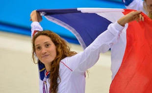 Camille Muffat après sa victoire dans le 400m nage libre le 29 juillet 2012 aux JO à Londres