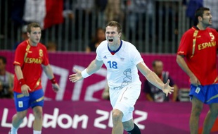 L'arrière de l'équipe de France de handball, William Accambray, auteur du but de la victoire contre l'Espagne en quart de finale des Jeux olympiques de Londres, le 8 août 2012.