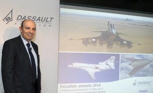 Le PDG de Dassault Aviation, Eric Trappier, le 11 mars 2015 à Saint-Cloud, près de Paris, avant de présenter les résultats du groupe en 2014