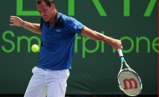 Le tennisman Michaël Llodra lors d'un match à Miami contre Benoît Paire le 20 mars à Miami.